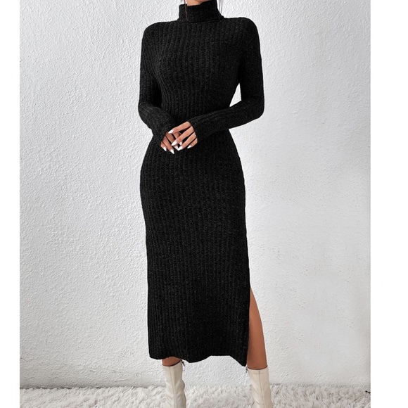 Classic Black Ribbed Turtleneck Split hem Long Sleeve Sweater Dress - Picture 3 of 4
